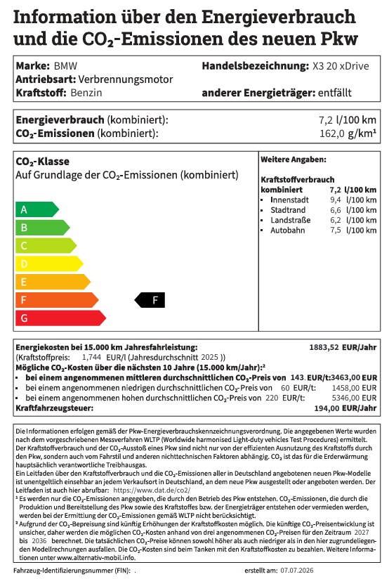 Ein Energieverbrauchs- und CO2-Emissions-Label für einen BMW X3 20d xDrive mit Benzinantrieb. Es zeigt einen kombinierten Verbrauch von 7,2 l/100 km, CO2-Emissionen von 162,0 g/km und die Effizienzklasse F.