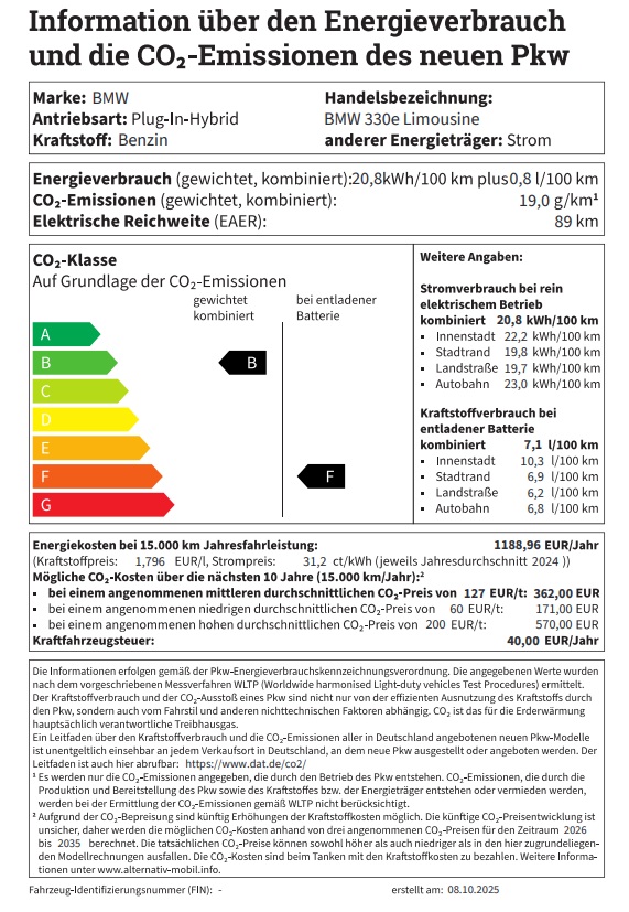 Ein Energieverbrauchs- und CO2-Emissions-Label für einen BMW 330e Touring Plug-in-Hybrid. Es zeigt einen gewichteten Energieverbrauch von 21,6 kWh/100 km plus 0,9 l/100 km Benzin und 20 g/km CO2-Emissionen, eine elektrische Reichweite von 93 km und die Effizienzklasse B.