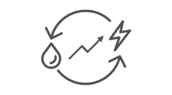 Das Bild zeigt ein graues Symbol, das einen Kreislauf von Flüssigkeit und Energie darstellt. Auf der linken Seite befindet sich ein Tropfen, der durch einen Pfeil mit einem aufsteigenden Zickzack-Pfeil verbunden ist, der eine Energiesteigerung symbolisiert. Ein Blitz, der Energie darstellt, befindet sich auf der rechten Seite. Ein Pfeil verbindet den Blitz wieder mit dem Tropfen und schließt so den Kreislauf.