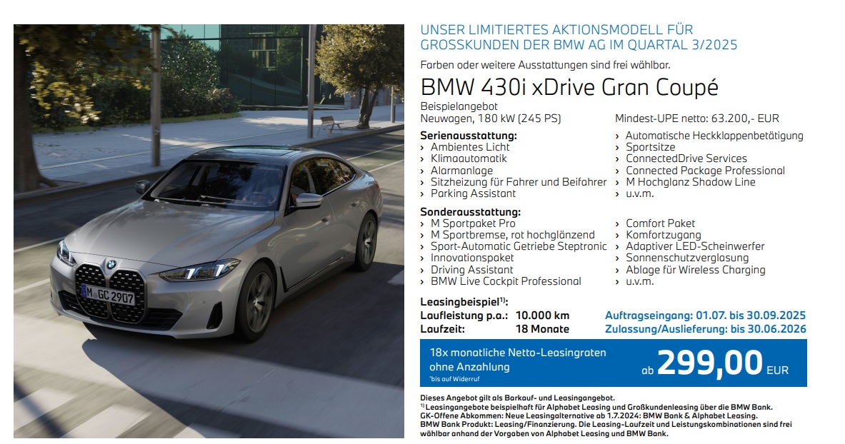 Offene Abkommen - Großkunden - 430 Screenshot eines Angebots für einen BMW 430i xDrive Gran Coupé. Links ist ein graues BMW 4er Gran Coupé zu sehen. Rechts sind Ausstattungsdetails, Leasingkonditionen von 299 Euro pro Monat und ein Aktionszeitraum bis 30. September 2025 aufgeführt.
