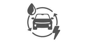 Graues Icon eines Plug-in-Hybrid-Fahrzeugs mit Kraftstofftropfen, Blitzsymbol und kreisförmigen Pfeilen.