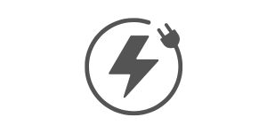 Graues Icon für vollelektrischen Antrieb mit Blitzsymbol und Ladestecker innerhalb eines Kreises.