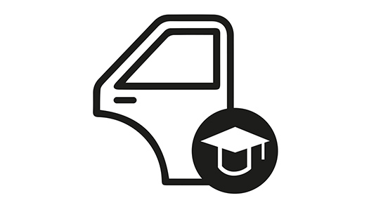 Symbol für Autotür und Doktorhut, das Ausbildung oder Know-how im Automobilbereich darstellt.