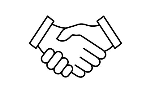 Das Icon zeigt zwei Hände in einer Händeschütteln-Geste, was für Partnerschaft, Vertrauen oder einen Vertragsabschluss steht. Man sieht die Umrisse von zwei Händen, die fest ineinandergreifen. Die Ärmelmanschetten sind jeweils durch ein Rechteck am linken und rechten Rand angedeutet. Die Finger der vorderen Hand sind als vier abgerundete Glieder sichtbar, die die andere Hand umschließen. Die Darstellung ist symmetrisch und vermittelt ein Gefühl von Einigkeit und Zuverlässigkeit.