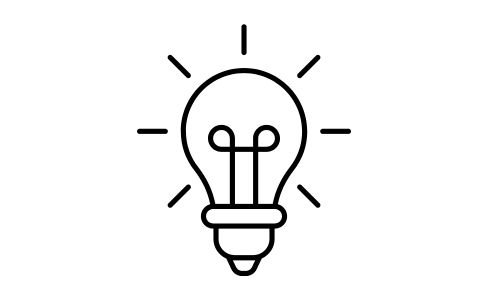 Das Bild zeigt das klassische Symbol für eine Idee oder Geistesgegenwart: eine stilisierte Glühbirne. Sie besteht aus einer durchgehenden, schwarzen Außenlinie, die oben rund und bauchig ist und unten in einen schmaleren Sockel übergeht. Im Inneren der Birne ist der Glühdraht durch eine Linie angedeutet, die zwei kleine Schlaufen bildet. Um den oberen Teil der Glühbirne herum sind sechs kurze, gerade Striche sternförmig angeordnet, die das Leuchten bzw. das Ausstrahlen von Licht symbolisieren.