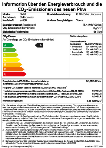 Offizielles Energielabel BMW i3 40 xDrive Touring