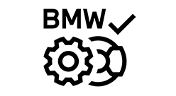 Zahnräder mit BMW Schriftzug und Häkchen als Symbol für geprüfte BMW Qualität.