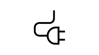 Auf diesem Bild ist das Icon eines Netzsteckers mit Kabel zu sehen. Der Stecker selbst ist halbkreisförmig dargestellt und zeigt zwei nach rechts gerichtete Kontaktstifte. Nach links verläuft ein dünnes, geschwungenes Kabel, das in einer S-Kurve nach oben führt und so den Anschluss an eine Stromquelle symbolisiert.