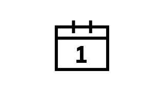 Das Bild zeigt das Icon eines Kalenderblatts. Es ist als Quadrat mit einer horizontalen Linie im oberen Drittel dargestellt, wobei oben zwei kleine vertikale Striche die Bindung andeuten. In der Mitte des Kalenderblatts steht groß die Zahl 1, was symbolisch für den ersten Tag eines Monats oder den Beginn eines Zeitraums steht.