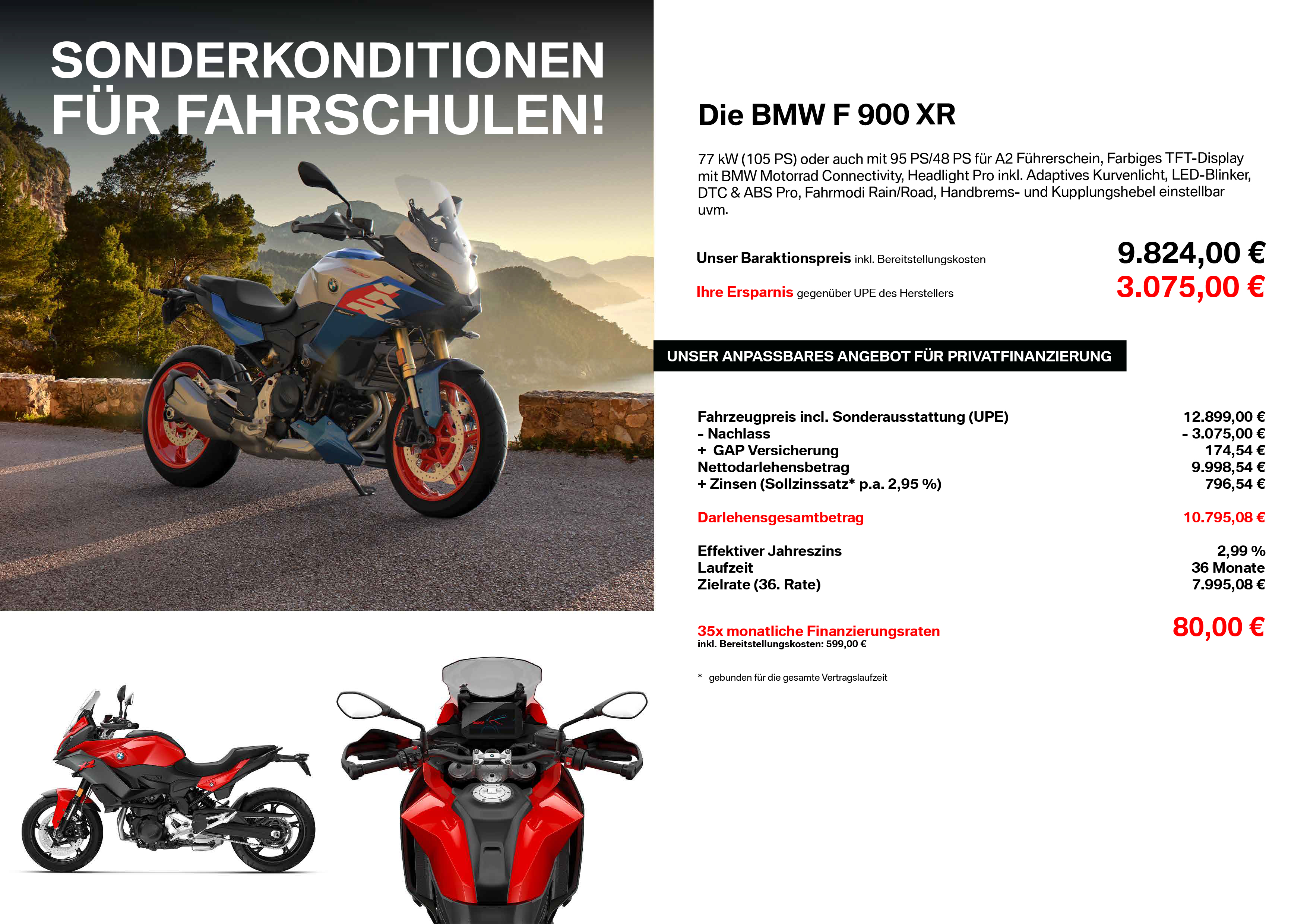 Werbeposter „Sonderkonditionen für Fahrschulen“ für die BMW F 900 XR mit Küstenstraßen-Motiv. Barpreis: 9.824,00 € (Ersparnis: 3.075,00 €), Finanzierung: ab 80,00 €/Monat.