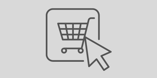 Das zentrale Motiv ist ein Einkaufswagen (Warenkorb) in Seitenansicht, mit Gitterlinien und Rädern.  Dieses Warenkorb-Symbol ist von einem leicht abgerundeten Quadrat umrahmt.  Ein großer, pfeilförmiger Mauszeiger zeigt von rechts unten auf den Warenkorb und ragt teilweise in das Quadrat hinein.