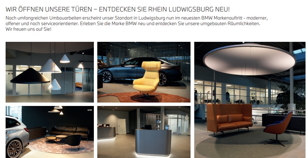 Dieses Bild ist eine Collage der modernisierten Ausstellungsräume des BMW-Autohauses in Ludwigsburg. In einem hellen, luxuriösen Ambiente werden verschiedene Lounge-Bereiche gezeigt: Zu sehen sind hochwertige Ledermöbel in Gelb, Braun und Schwarz sowie minimalistische Empfangstresen. Besonders auffällig sind die modernen Designer-Leuchten, darunter kegelförmige Lampen und eine riesige, flache Rundleuchte an der Decke. Der begleitende Text lädt dazu ein, den Standort nach umfangreichen Umbauarbeiten im neuesten BMW-Markenauftritt neu zu entdecken.