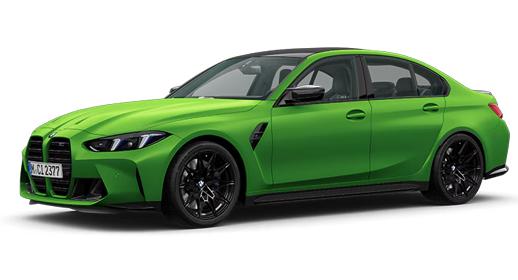 Eine sportliche BMW M3 Competition Limousine in leuchtendem Neongrün steht auf einem weißen Hintergrund. Sie hat schwarze Felgen und ein schwarzes Dach, mit aggressiven Designelementen an Front und Seite.