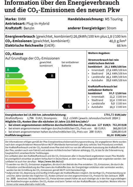 Das Bild zeigt ein Datenblatt für einen BMW M5 Touring als Plug-In-Hybrid. Das Dokument gibt Auskunft über Energieverbrauch, CO₂-Emissionen und die geschätzten Kosten. Die wesentlichen Informationen sind: Antriebsart: Plug-In-Hybrid Kraftstoff: Benzin und Strom Gewichteter, kombinierter Verbrauch: 26,0 kWh/100 km plus 1,8 l/100 km Elektrische Reichweite: 66 km CO₂-Klasse: Das Fahrzeug wird der Effizienzklasse B zugeordnet. Geschätzte jährliche Kosten: Die Kraftstoffkosten belaufen sich auf ca. 1.701 Euro pro Jahr. Das Dokument beinhaltet außerdem detaillierte Angaben zum Verbrauch unter verschiedenen Bedingungen, wie im Stadt- oder Landverkehr.