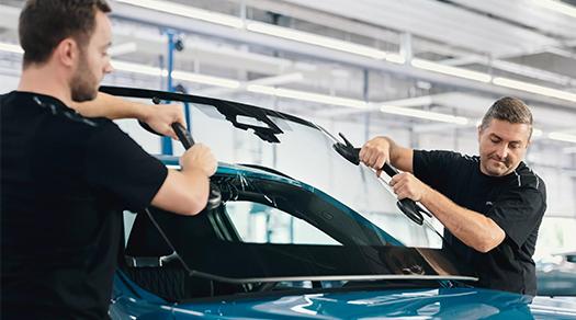 Zwei BMW Servicetechniker setzen eine neue Frontscheibe in einen blauen BMW ein.