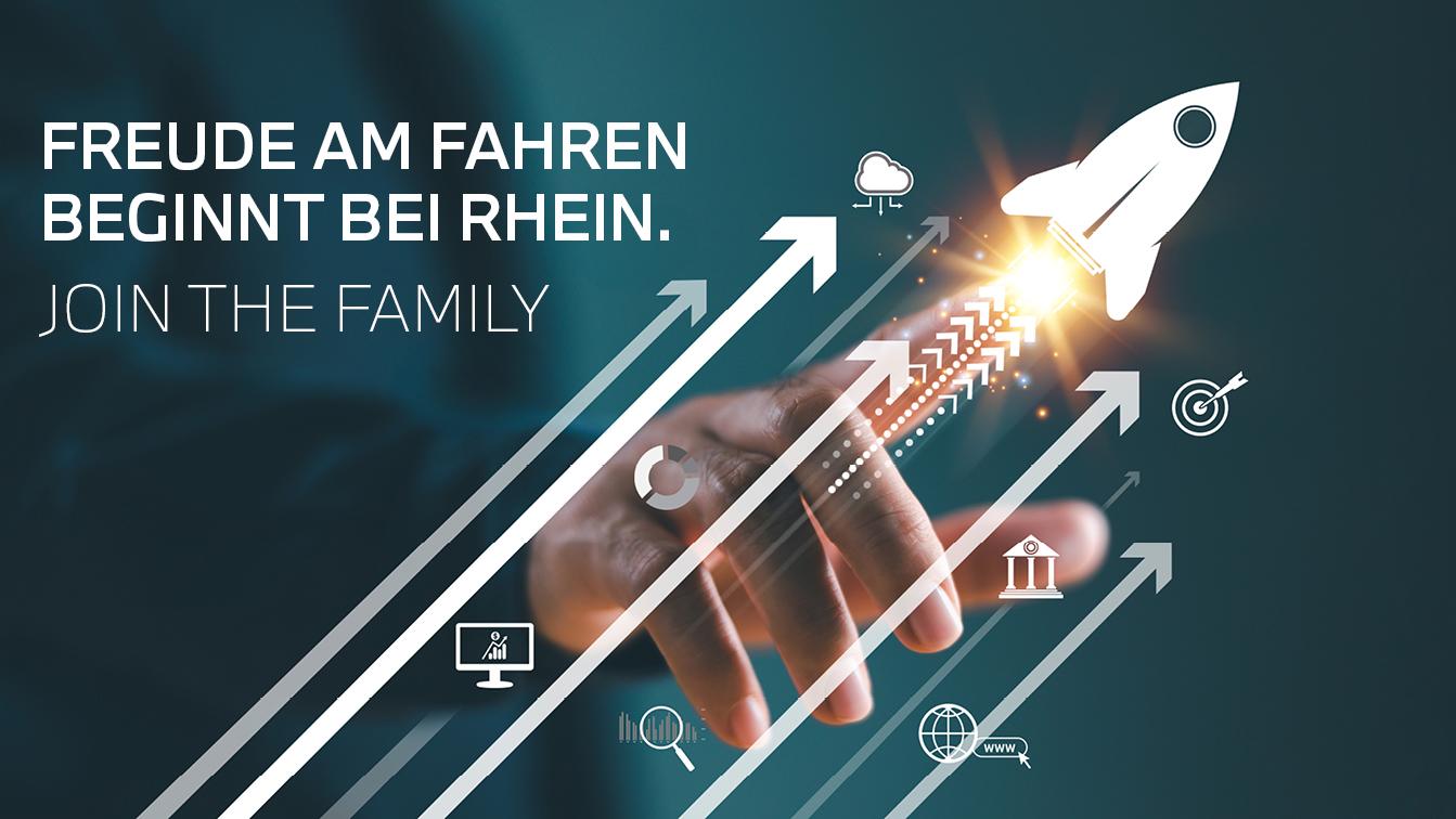 Karrierebanner der Rhein Gruppe mit dem Schriftzug ‚Freude am Fahren beginnt bei Rhein. Join the Family‘ und Symbolen für Wachstum und berufliche Entwicklung.