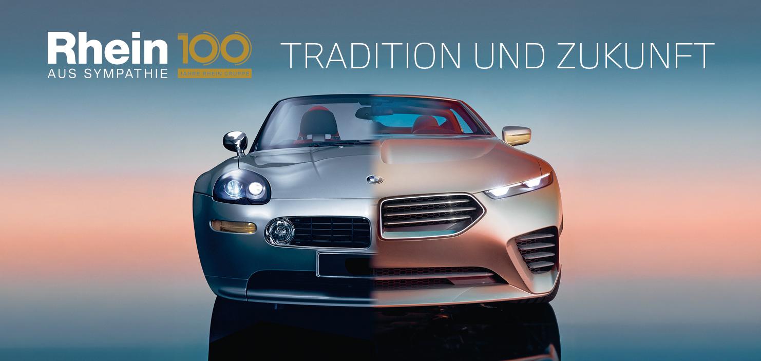 Geteiltes Bild eines klassischen und eines futuristischen BMW, symbolisierend Tradition und Zukunft der Rhein Gruppe.