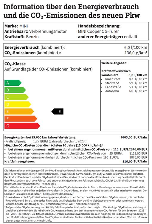 MINI Cooper C 5-Türer Energielabel Kraftstoffverbrauch MINI Cooper C 5-Türer Energielabel Kraftstoffverbrauch