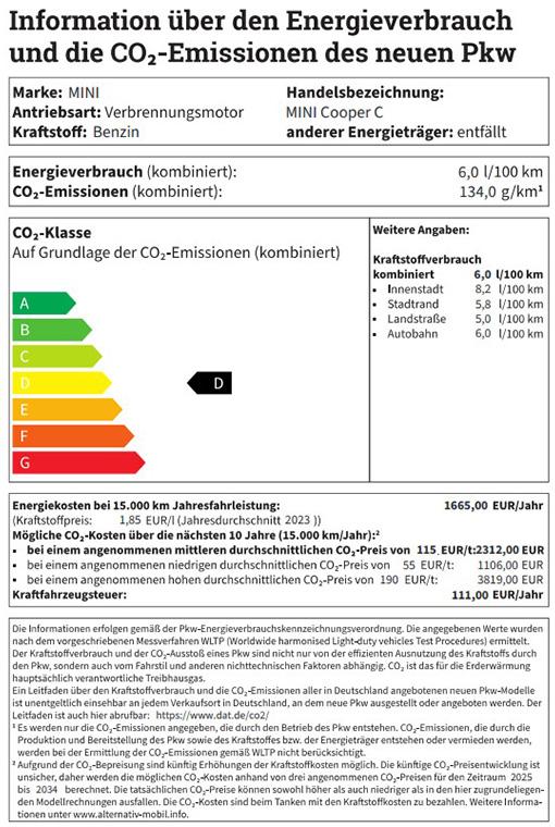 MINI Cooper C Energielabel Kraftstoffverbrauch MINI Cooper C Energielabel Kraftstoffverbrauch