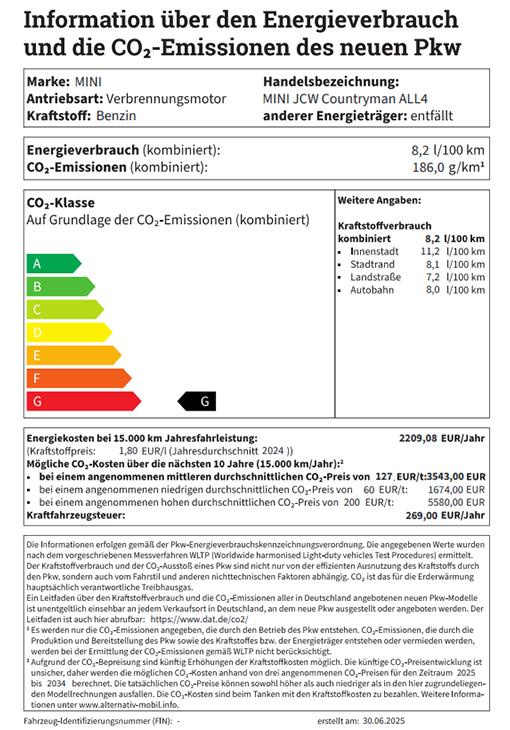MINI JCW Countryman All4: Kraftstoffverbrauch, CO2-Emissionen Ein deutsches Energielabel für Personenkraftwagen, das den Energieverbrauch und die CO2-Emissionen eines neuen MINI JCW Countryman All4 mit Verbrennungsmotor anzeigt. Das Label zeigt einen kombinierten Kraftstoffverbrauch von 8,2 l/100 km, 186,0 g/km CO2-Emissionen und die Einordnung in die CO2-Klasse G. Es sind auch zusätzliche Verbrauchsangaben für Stadt, Landstraße und Autobahn sowie jährliche Kraftstoffkosten und mögliche CO2-Kosten für die nächsten 10 Jahre aufgeführt. Das Dokument ist vom 30.06.2025.
