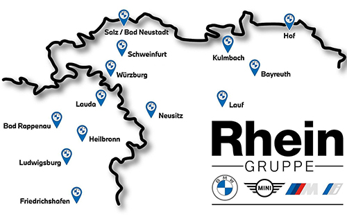 Das Bild zeigt eine Übersichtskarte der Rhein Gruppe, die ihre zahlreichen Standorte für die Marken BMW und MINI in Süddeutschland darstellt. Die geografische Verteilung der Autohäuser erstreckt sich von Hof und Bayreuth im Osten über Würzburg, Schweinfurt und Heilbronn bis hinunter nach Friedrichshafen am Bodensee. Ergänzt wird die Grafik durch die offiziellen Logos von BMW, MINI sowie den Performance- und Elektro-Submarken BMW M und BMW i, was das umfassende Serviceangebot der Handelsgruppe unterstreicht.