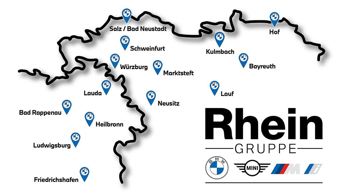 BMW Autohaus Rhein Standorte Karte der Rhein Gruppe Standorte in Deutschland mit Städten wie Heilbronn und Ludwigsburg.