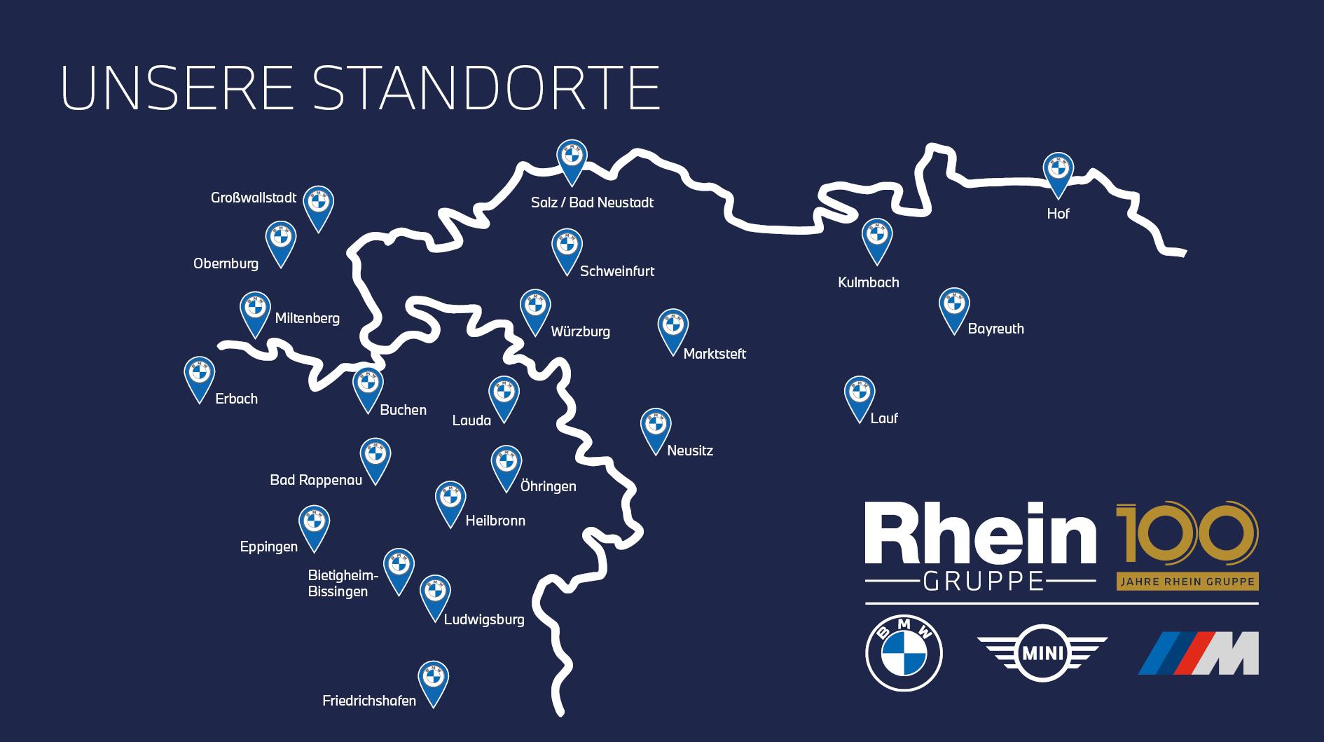 Karte der Rhein Gruppe Standorte in Süddeutschland mit Logos von BMW, MINI, M.