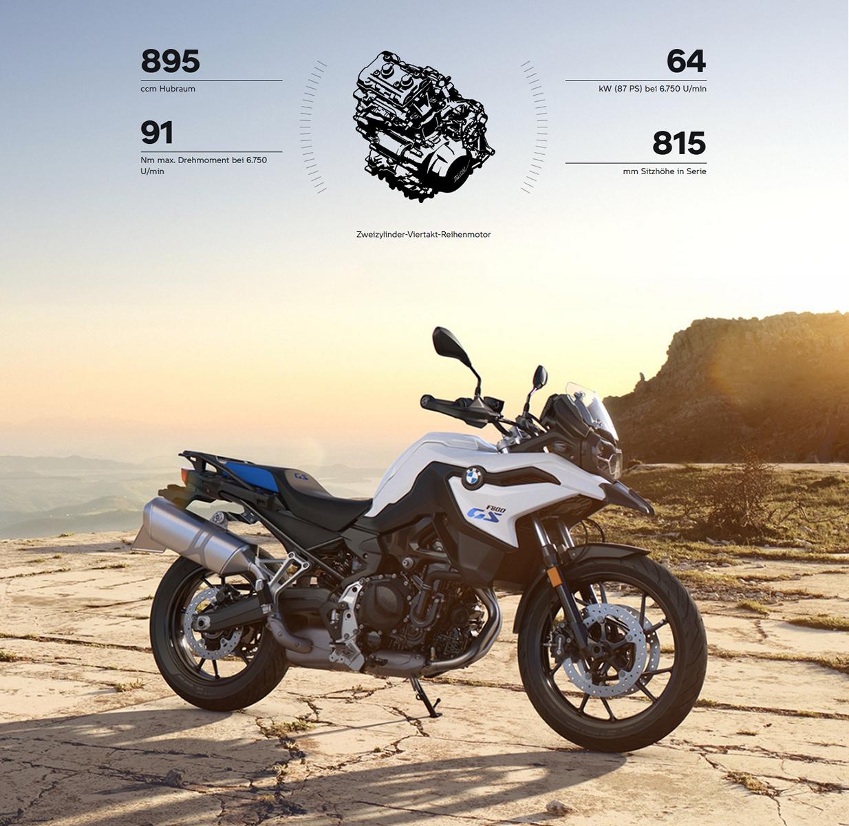  BMW F 800 GS Motorrad mit technischen Spezifikationen und Motorzeichnung in einer Berglandschaft.