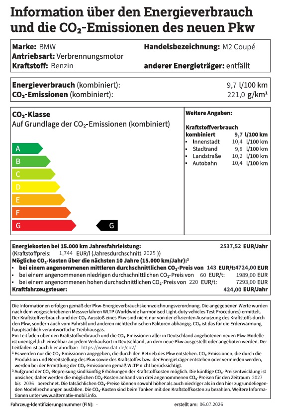 Das Label zeigt die technischen Daten und die CO2-Klasse für das BMW M2Coupé 