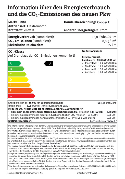 Ein MINI Cooper E Energielabel mit Verbrauchanzeigen