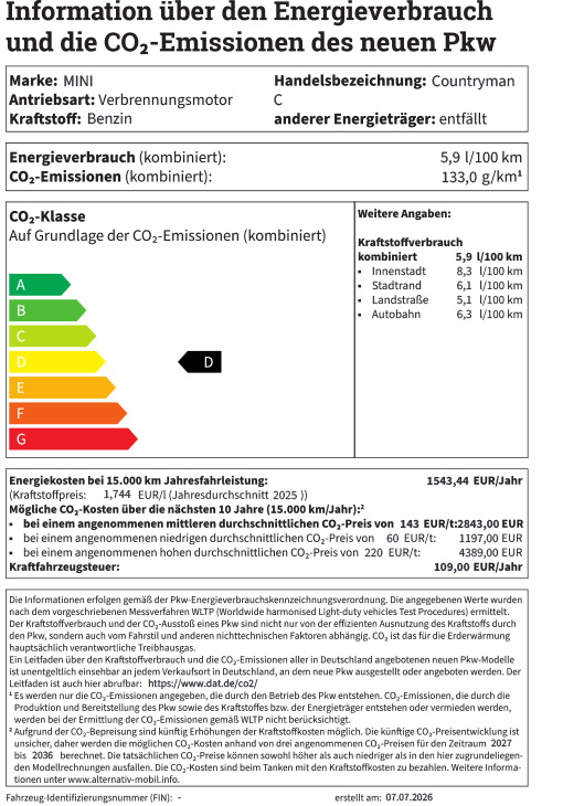 MINI Countryman Energielabel mit den Kraftstoffverbräuchen des Autos