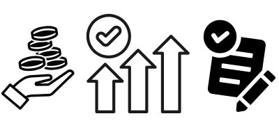 Drei schwarze Icons auf weißem Grund, die Finanzthemen symbolisieren: eine Hand mit Geldmünzen, drei aufsteigende Pfeile mit Häkchen und ein Dokument mit Stift.