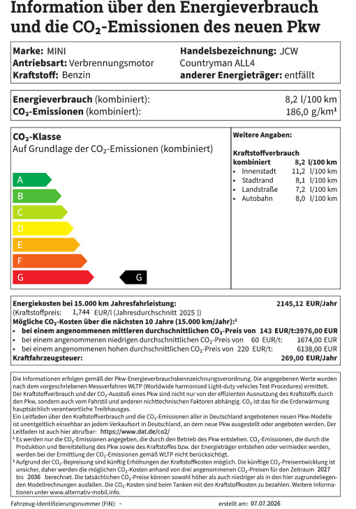 Ein deutsches Energielabel für Personenkraftwagen, das den Energieverbrauch und die CO2-Emissionen eines MINI JCW Countryman All4 mit Verbrennungsmotor anzeigt.