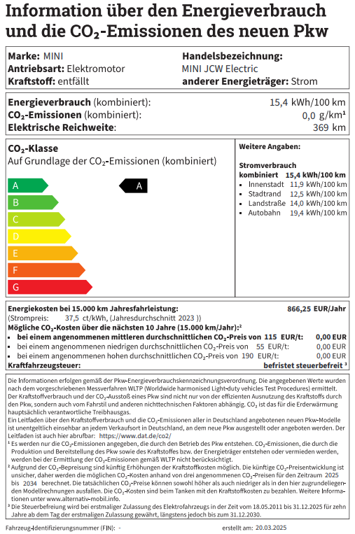 MINI JCW E Energieverbrauch Label