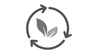 Das Bild zeigt ein graues Symbol, das aus zwei Blättern in der Mitte besteht, die von einem runden Pfeil umgeben sind. Der Pfeil hat drei Ecken, an denen die Richtung angedeutet wird. Es handelt sich um ein Symbol für Nachhaltigkeit oder Recycling.