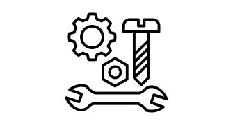 Werkstatt-Icon: „Zahnrad, Schraube, Mutter und Schraubenschlüssel als Symbol für Wartung und Reparatur.“